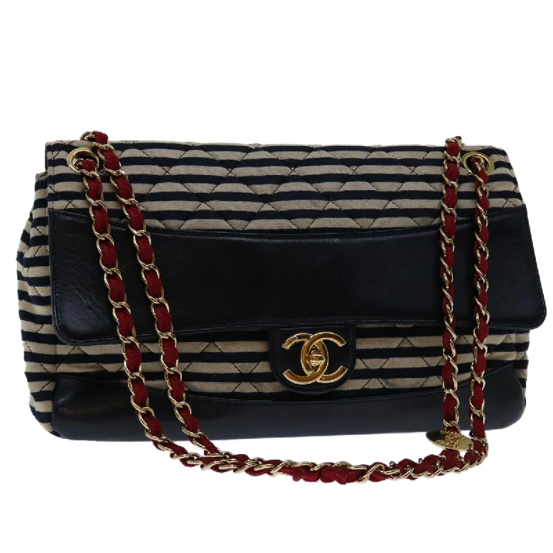 Chanel Classic Flap Bag for Evening PartyCHANEL Matelasse Chain Shoulder Bag Cotton White Navy CC  69062A