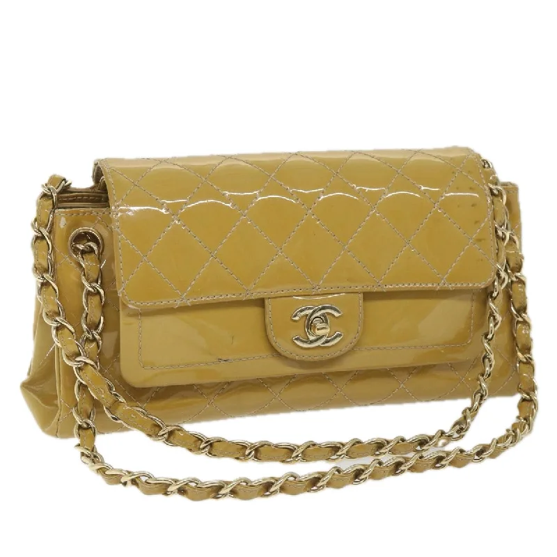 Chanel Designer Handbag with Unique DesignCHANEL Matelasse Chain Shoulder Bag Patent leather Yellow CC  58350A