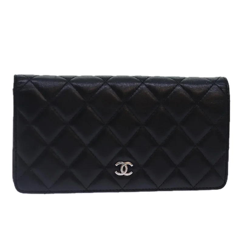 Chanel Quilted Leather Shoulder Bag for FashionistasCHANEL Matelasse Long Wallet Lamb Skin Black Silver CC  yk14488