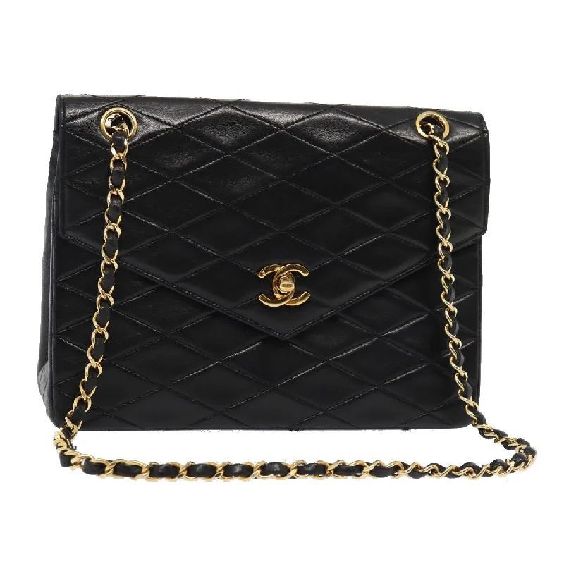 Chanel Classic Flap Bag for Evening PartyCHANEL Matelasse Turn Lock Chain Hand Bag Lamb Skin Black Gold CC  87124A