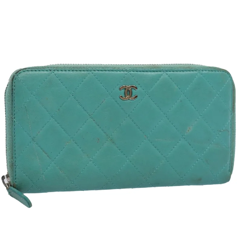 Chanel Luxury Handbag for High - End EventsCHANEL Matelasse Wallet Lamb Skin Turquoise Blue CC  bs9740