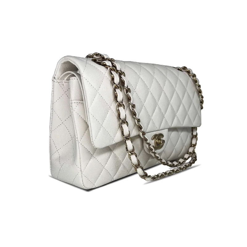 Chanel Medium Tote Bag for Office LadiesPre owned Chanel optic white caviar leather double flap closure designer bag