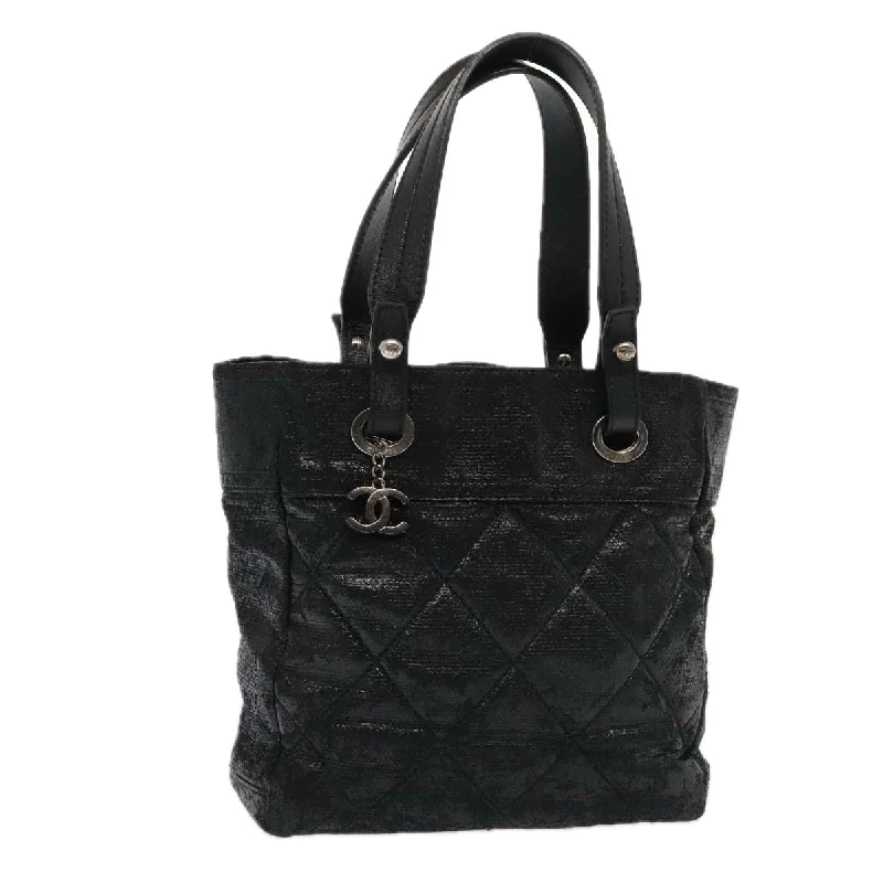 Chanel Designer Handbag with Unique DesignCHANEL Paris Biarritz MM Tote Bag Coated Canvas Black Silver CC  bs17785