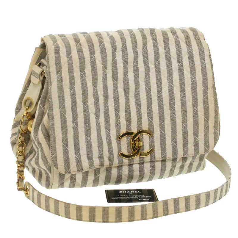 Chanel Luxury Handbag for High - End EventsCHANEL Striped Matelasse Chain Shoulder Bag Canvas White Gray CC  bs3642