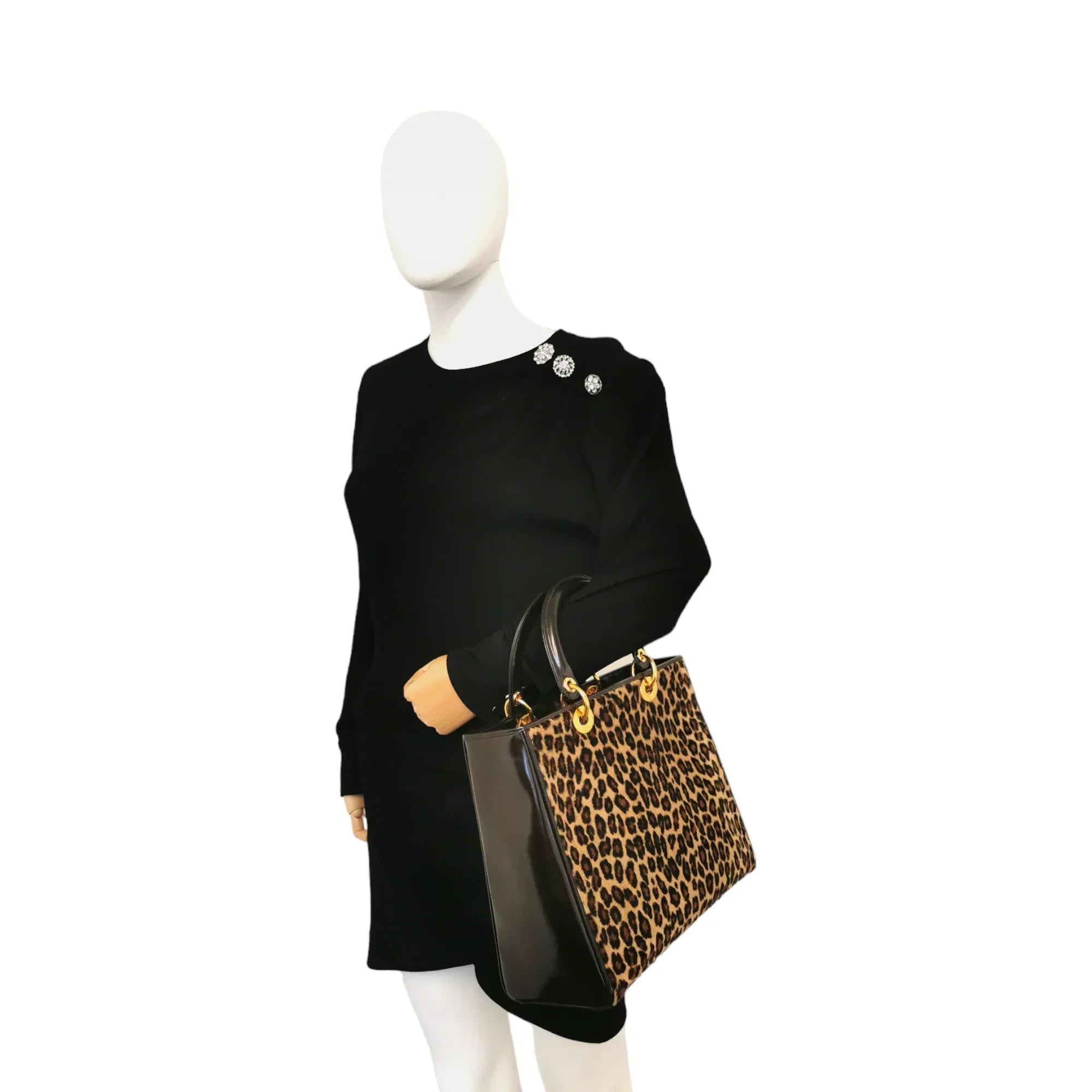 Christian Dior tote bags with a printed Dior logo on the frontDior Lady Dior Large Leopard Print Calfhair