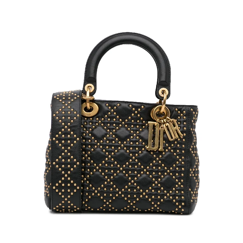 Christian Dior handbags with a removable shoulder strap for versatilityDior Lady Dior Medium Black Supple Studded Cannage Quilted Leather Gold