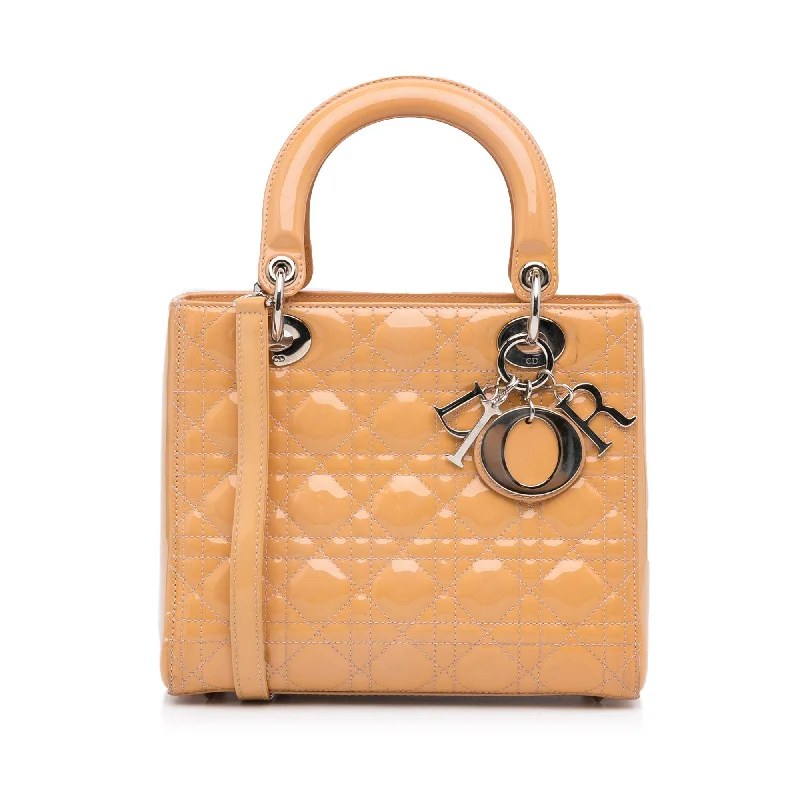 Christian Dior bags with a side - pocket for holding a water bottleDior Lady Dior Medium Light Orange Cannage Quilted Patent Leather