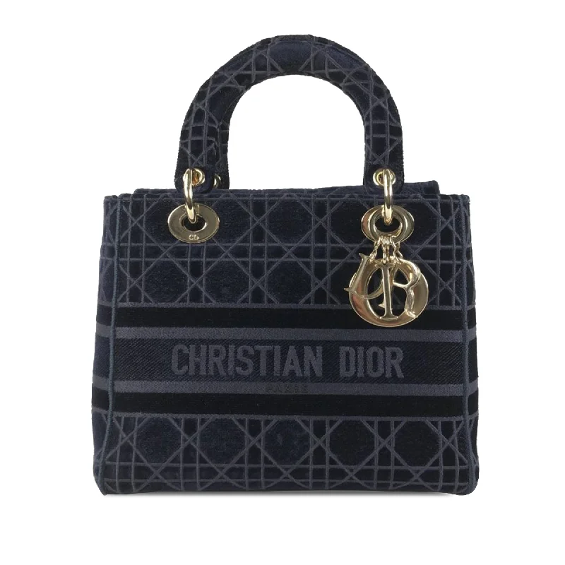 Christian Dior handbags with a snap - button closure and a decorative buckleDior Lady D-Lite Medium Blue Velvet