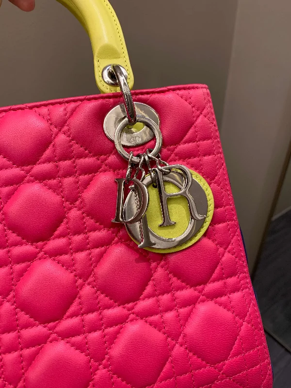 High - fashion Christian Dior bags with a geometric patternDior Classic Lady Dior Tri-Color Pink/ Neon /Blue Lambskin