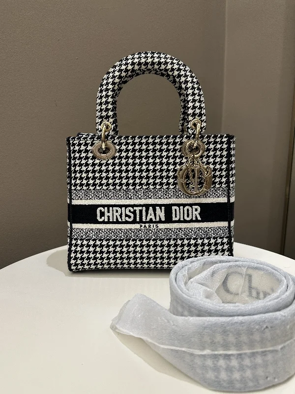 Christian Dior Saddle bags with a studded trim for a bold lookDior Lady Dior Lite Houndstooth Embroidery